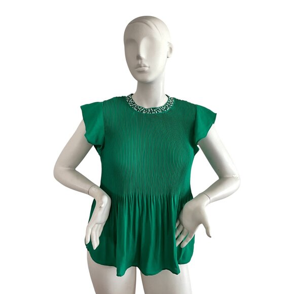 Adrianna Papell Embellished Flutter Sleeve Top Emerald Green M - Picture 2 of 8